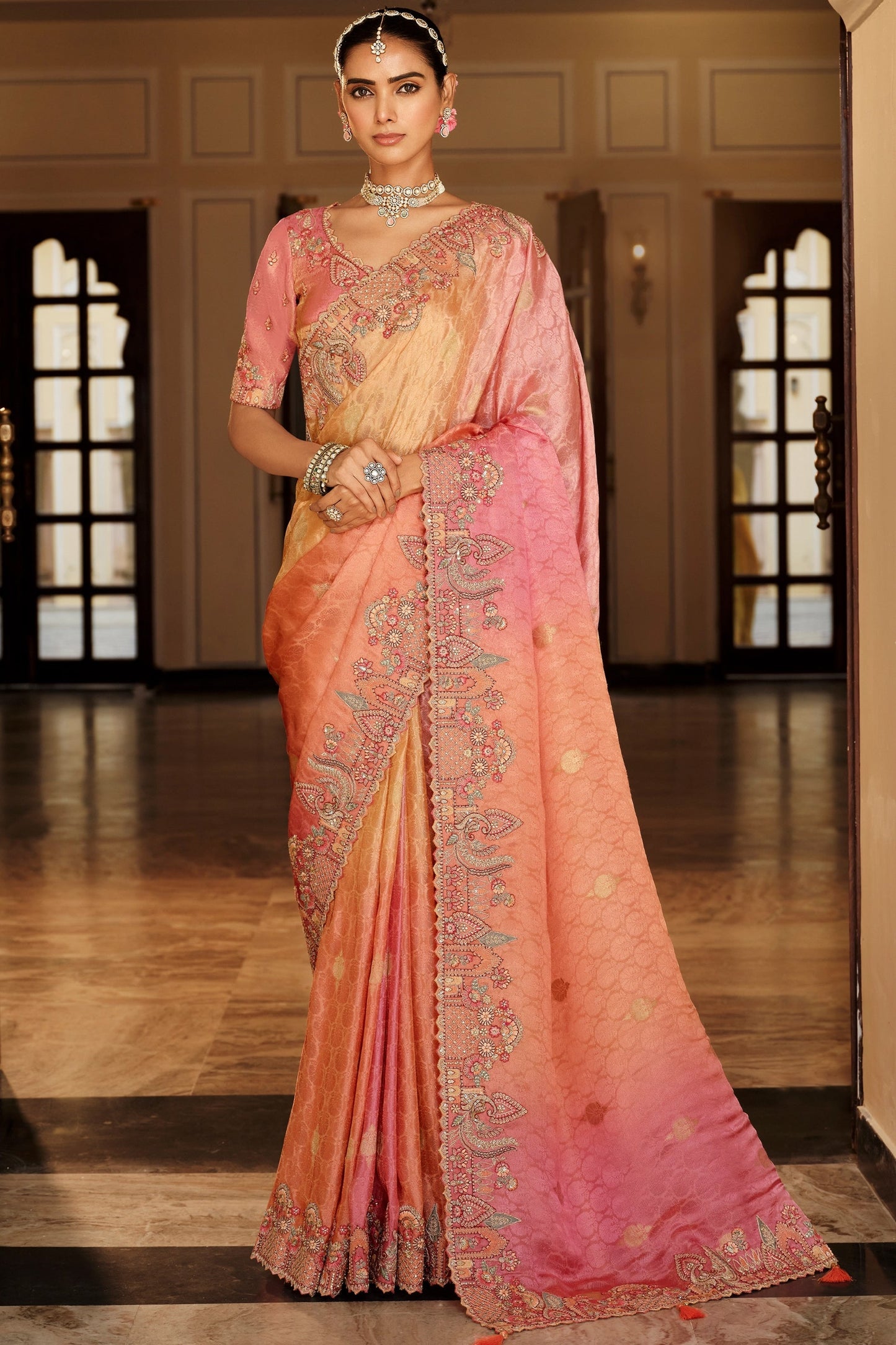 Peach, Coral Orange & Pink Embroidered Border Zari Viscose Silk