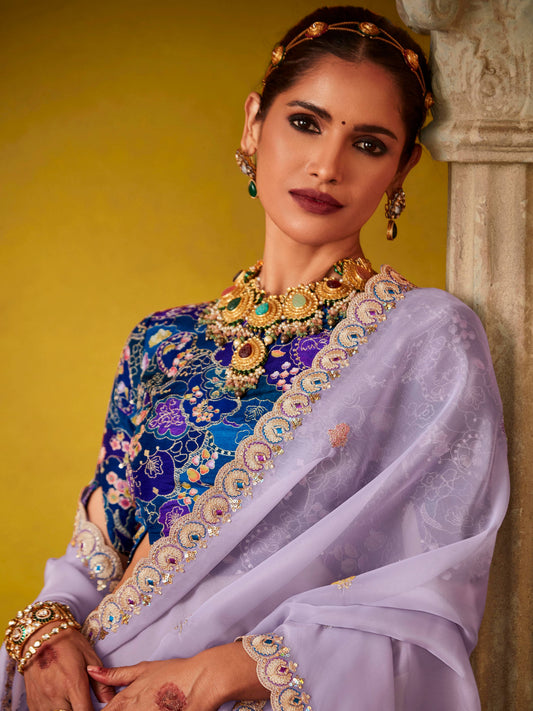 Light Purple Glass Tissue Designer Saree