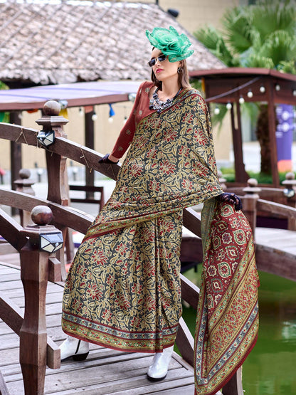 Grey Green Satin Crepe Digital Printed Saree