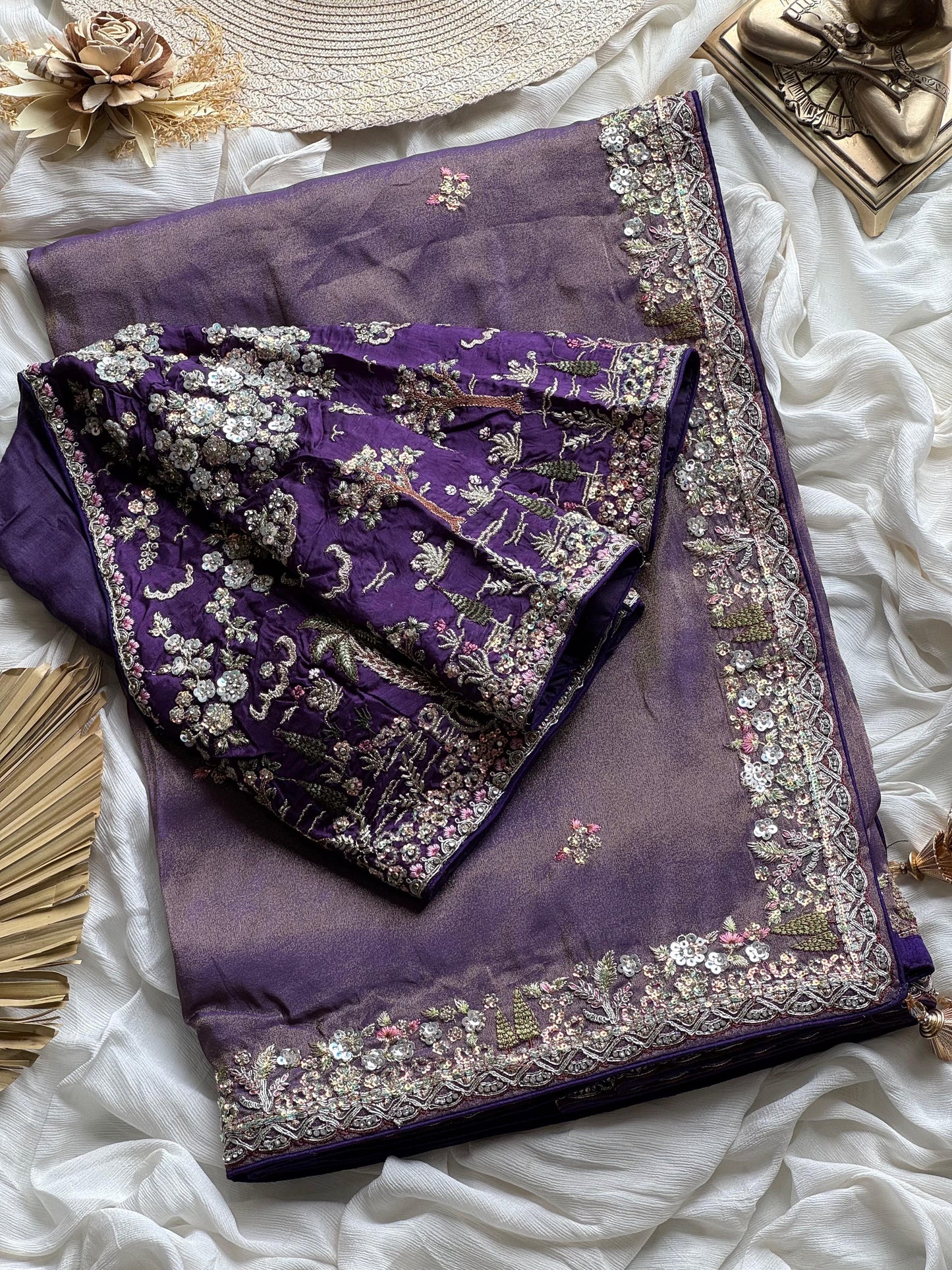 Lavender Tissue Silk Heavy Work Designer Saree with Readymade Blouse