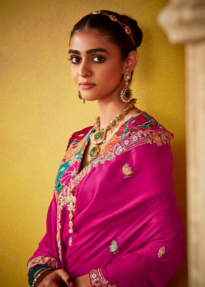 Magenta Pink Soft Tissue Silk Saree with Multicolour Blouse