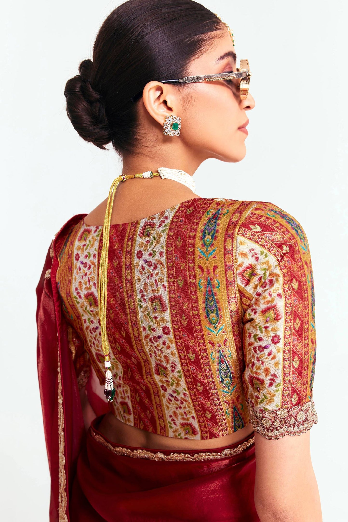 Ruby Red Tissue Organza Silk Partywear Saree