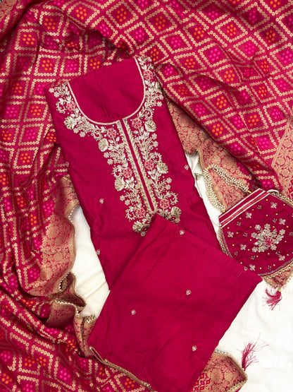 Beautiful Silk Zari Unstitch Suit Set with Potli Bag