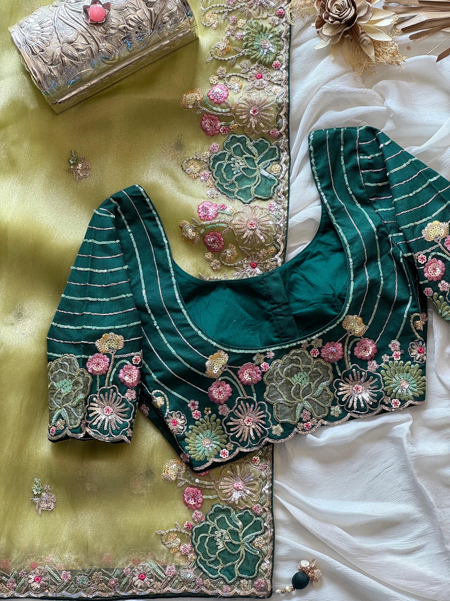 Pista Organza Tissue Silk Saree With Designer Blouse