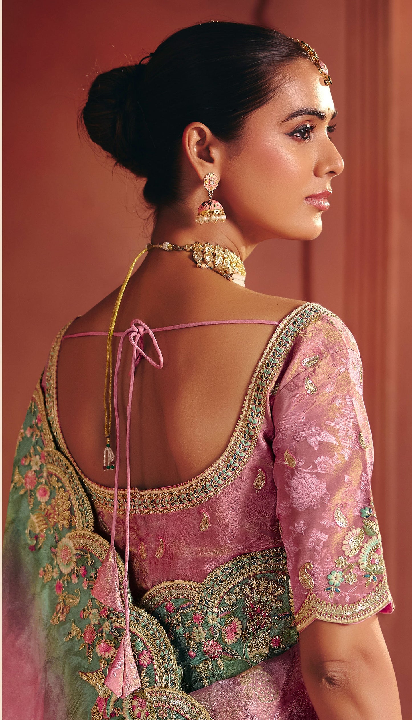 Dusty Rose Pink With Mint Green Border Zari Viscose Tissue Saree With Dusty Rose Blouse