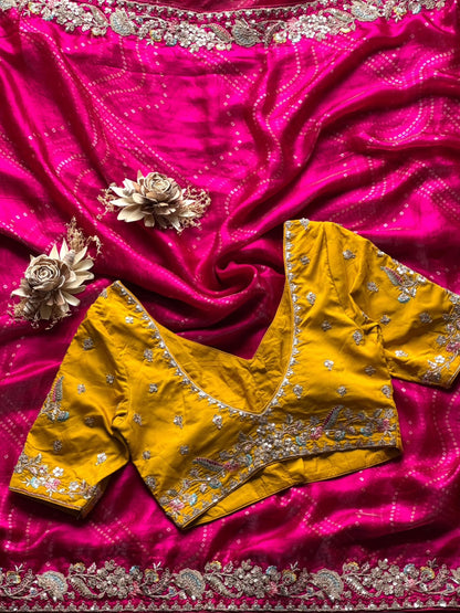 Pink Bandhej Saree with heavy work designer blouse piece