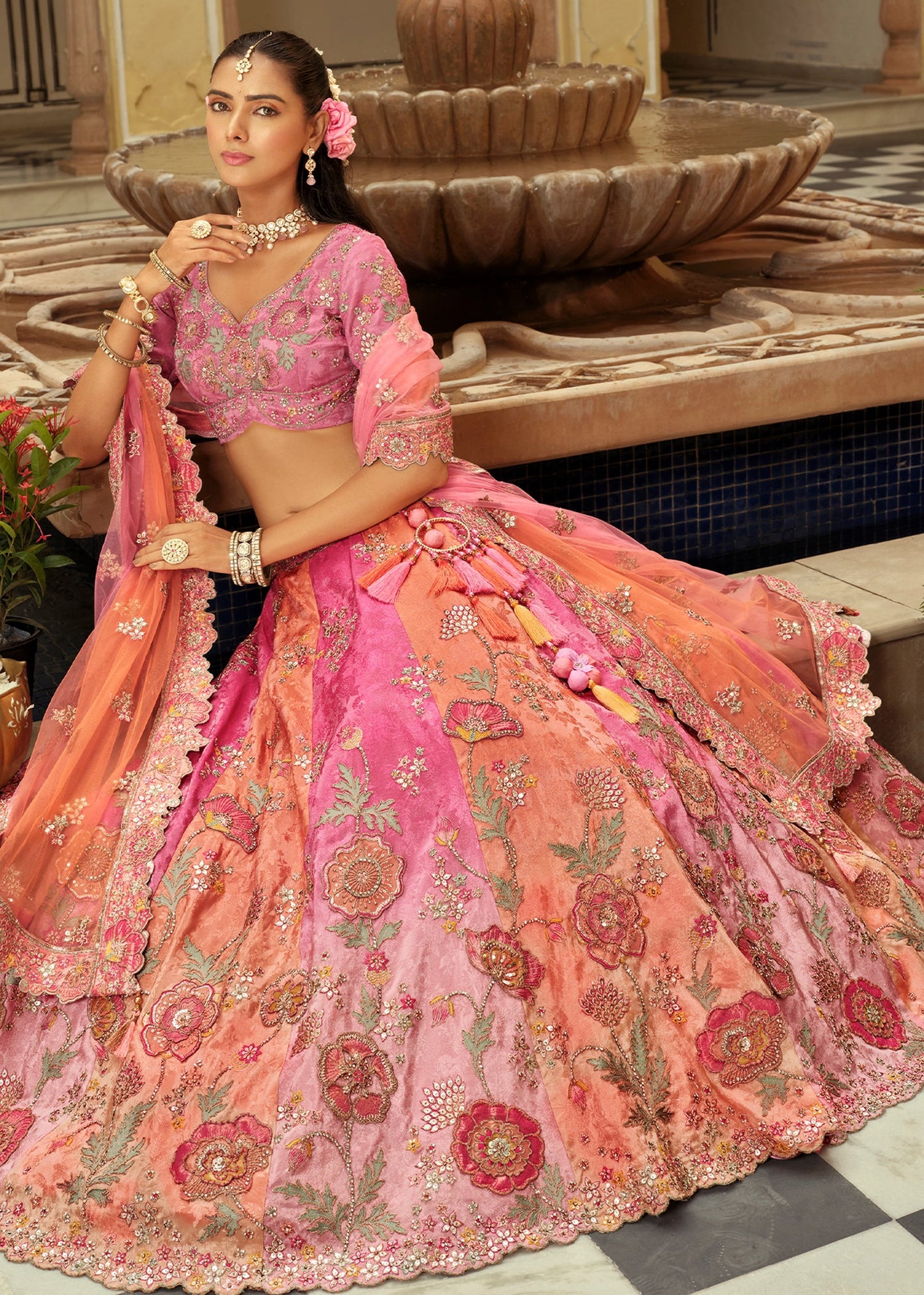 Pink & Orange Silk Embroidered Designer Lehenga with Readymade Blouse