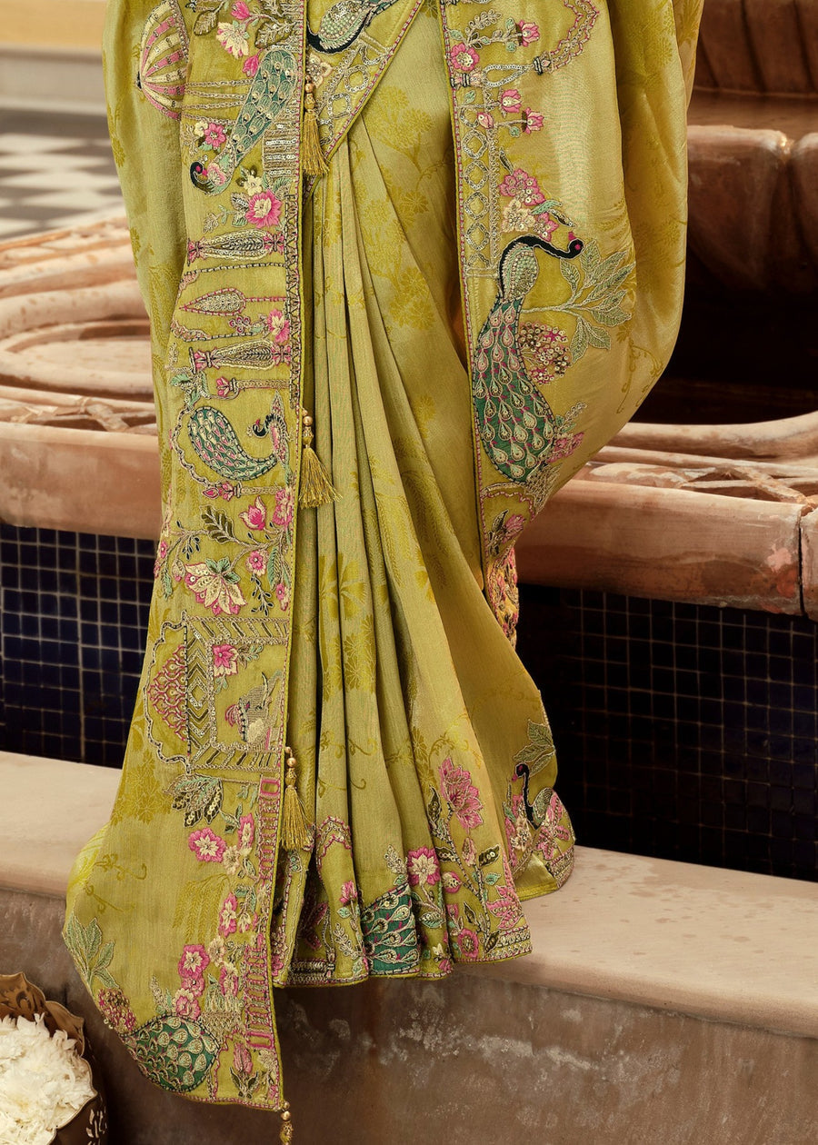 Olive Green Embroidered Border Zari Viscose Silk Saree With matching Blouse