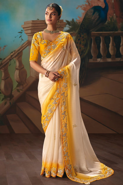 Ivory & Mustard Premium Gloss Tissue Silk Saree