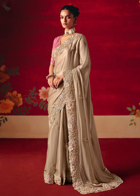 Cream Soft Tissue Silk Heavy Border Designer Saree