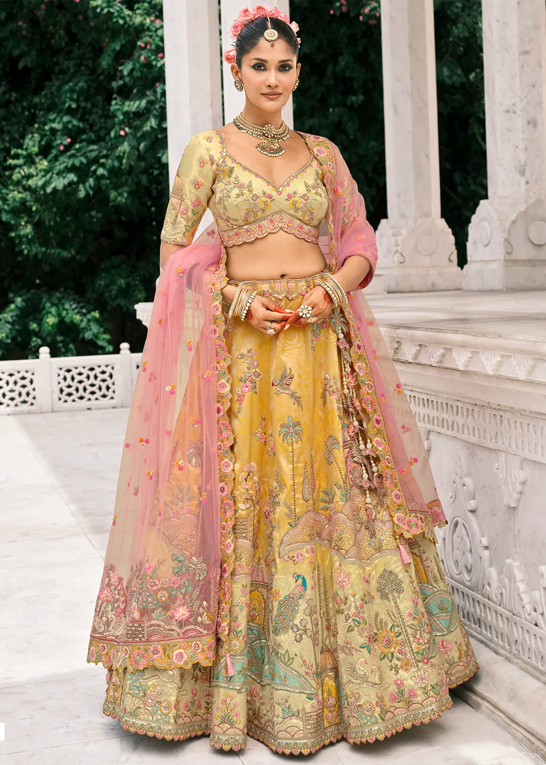 Pastel Yellow Silk Peacock Lehenga