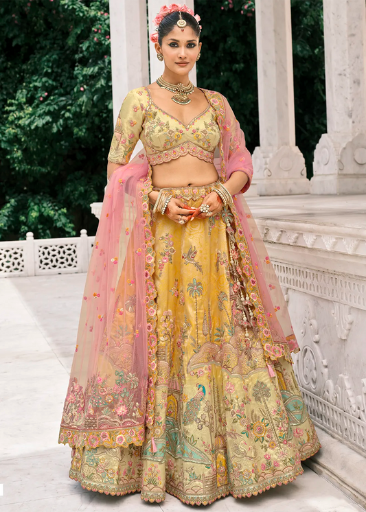 Pastel Yellow Silk Peacock Lehenga