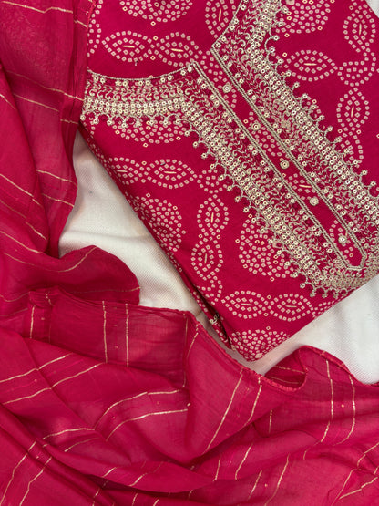 Zari Work with Chunri Print Unstitch Suit Set in Pink Color