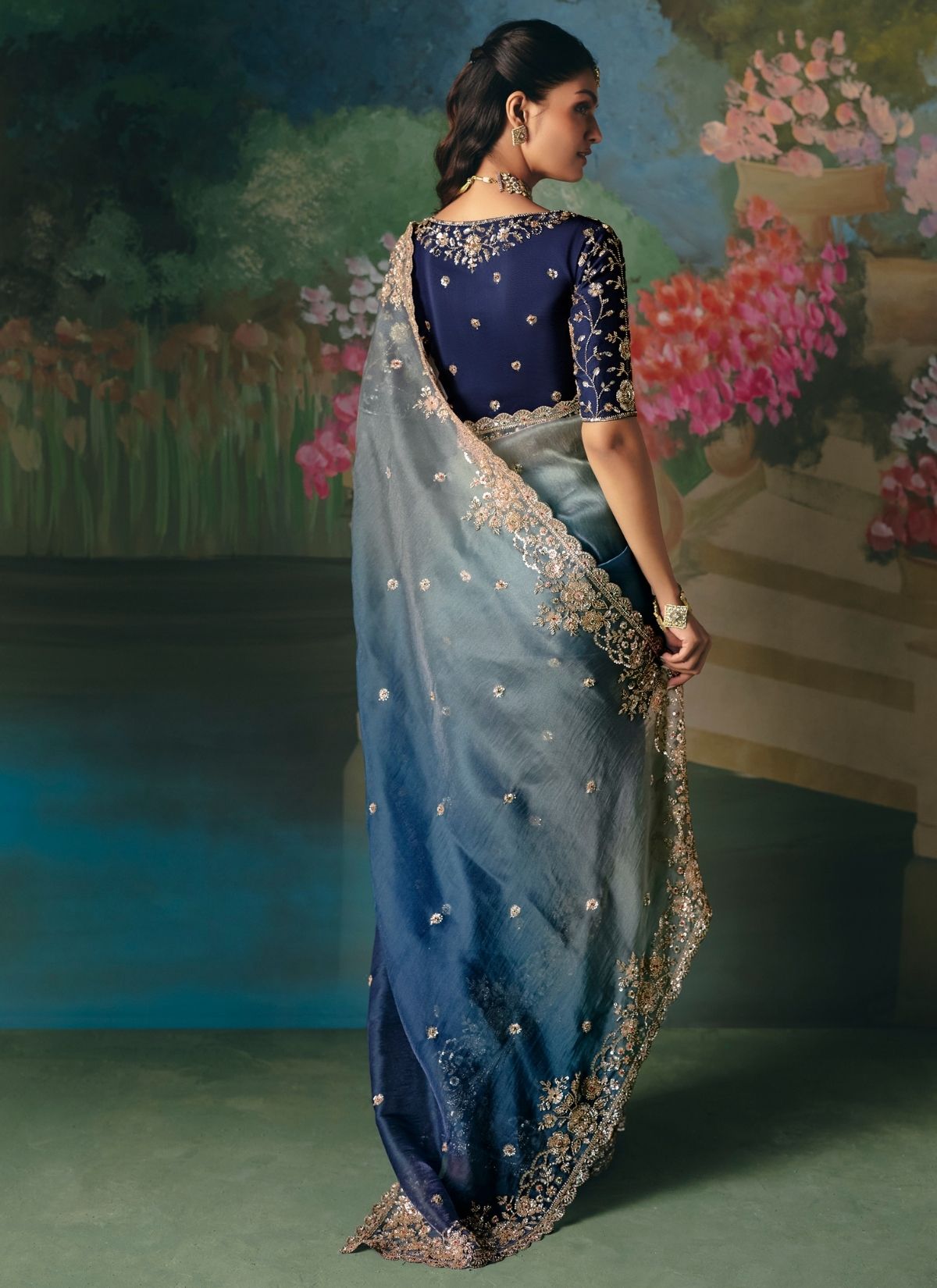 Shaded Ocean Blue Soft Tissue Silk Heavy Blouse Designer Saree