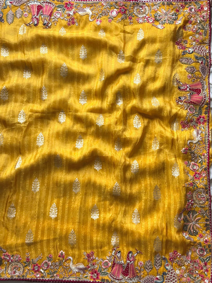 Mustard Yellow Silk Traditional Saree with Maroon Heavy Blouse