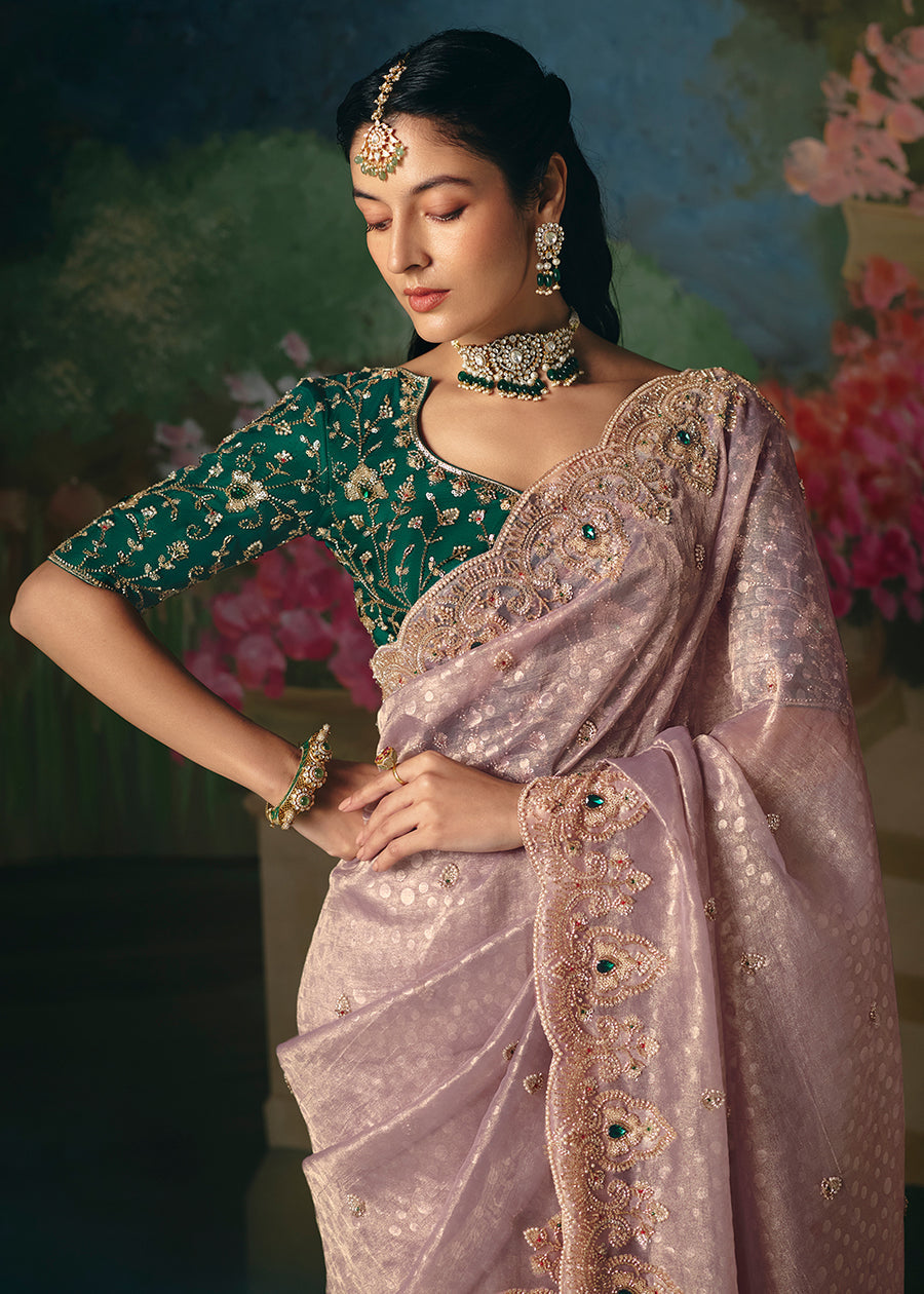 Lavender Tissue Silk Heavy Blouse Designer Saree