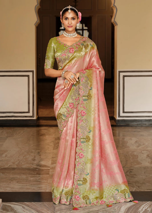 Pink Green Embroidered Border Zari Viscose Silk Saree With Dusty Green Blouse