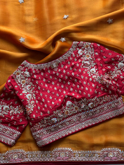 Mustard Yellow Tissue Silk Saree with Designer Readymade Blouse