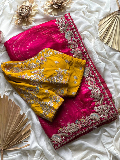 Pink Bandhej Saree with heavy work designer blouse piece