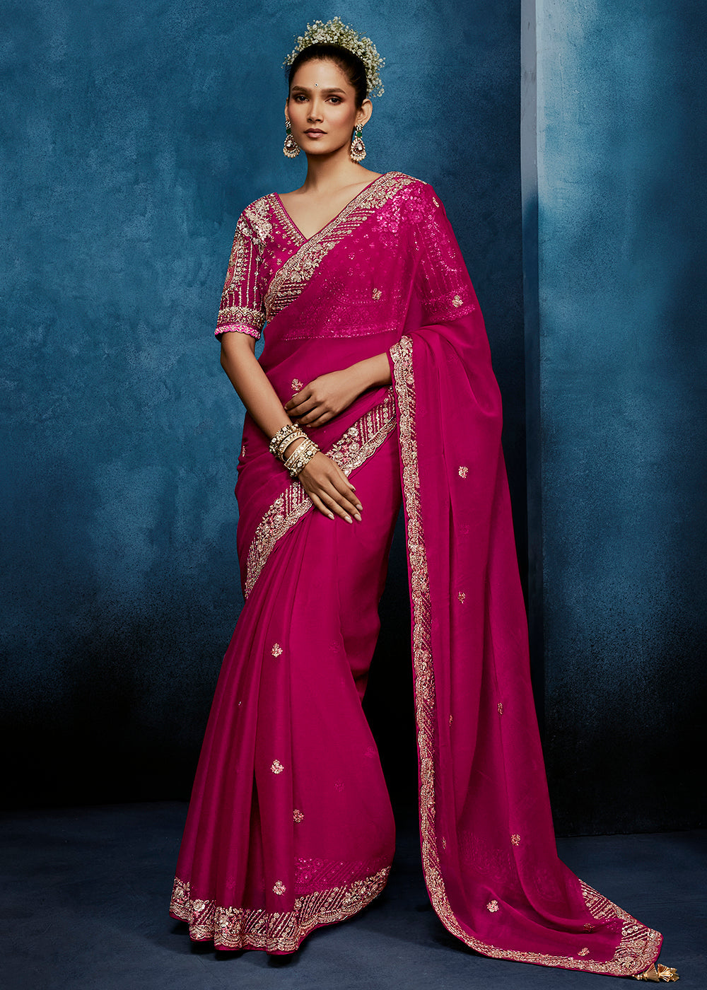 Rani Pink Tissue Silk Saree with Heavy Readymade Blouse