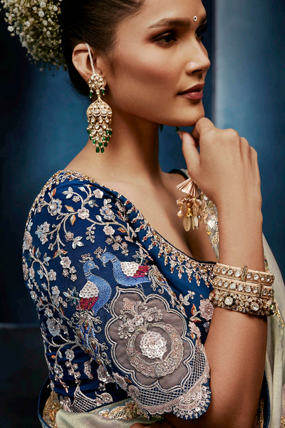 Ash Grey Organza Tissue Silk Designer Saree with Readymade Blouse