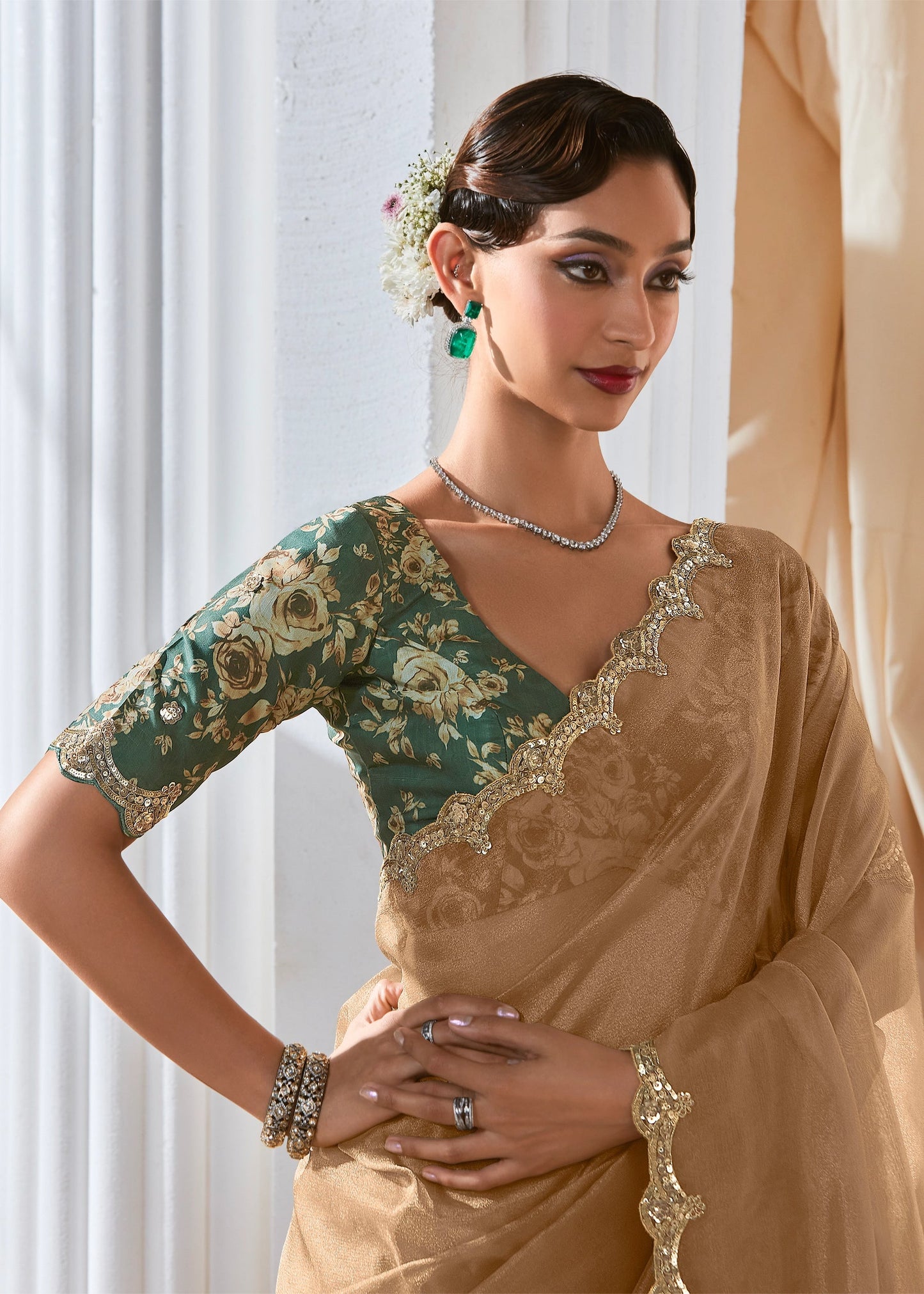 Sand Beige Organza Tissue Silk Designer Saree