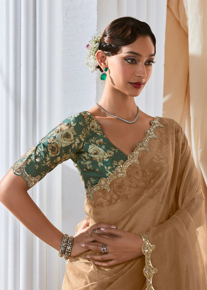 Sand Beige Organza Tissue Silk Designer Saree