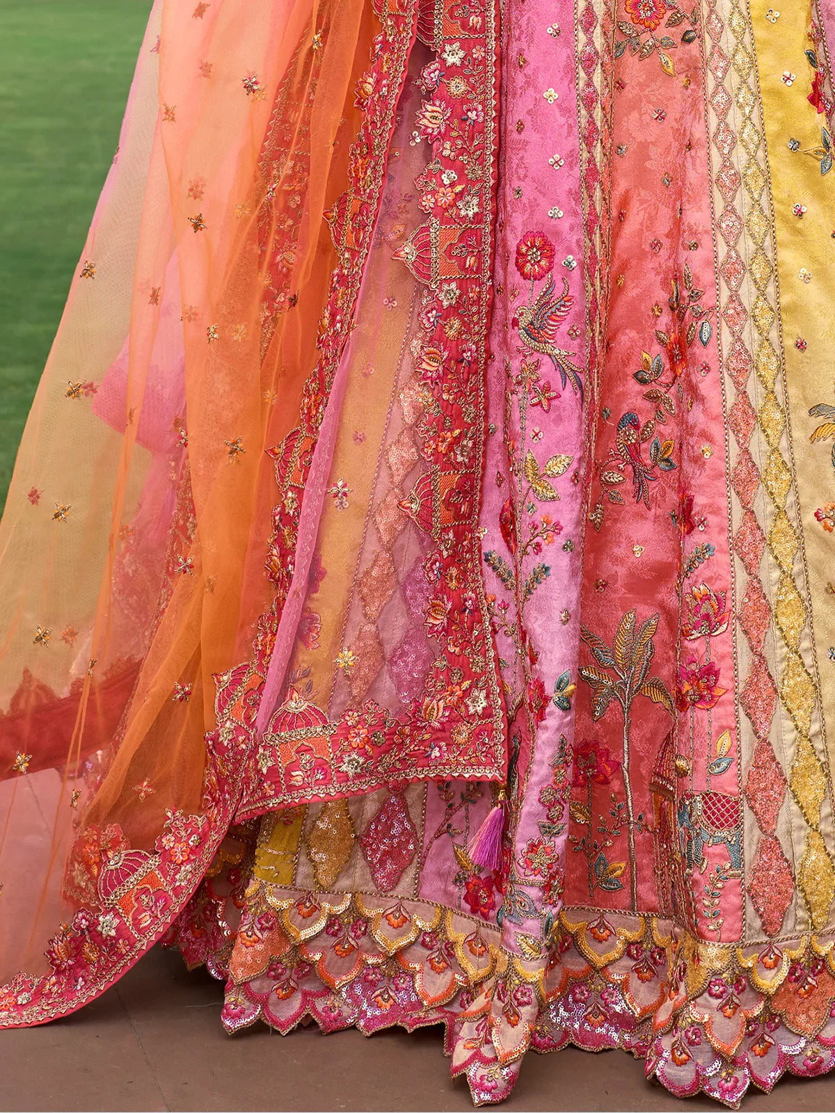 Pink & Yellow Silk Embroidered Designer Lehenga