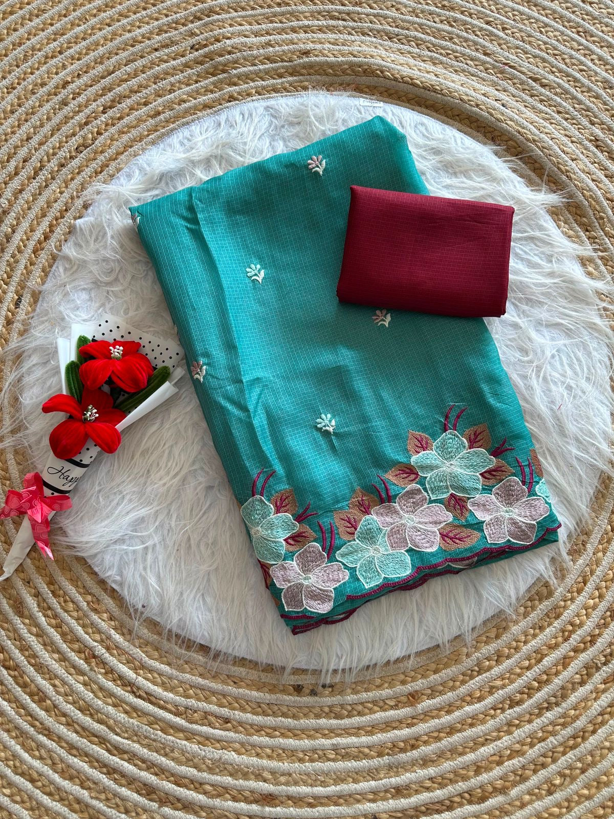 Soft Kota Doriya Saree with Embroidery Floral Work