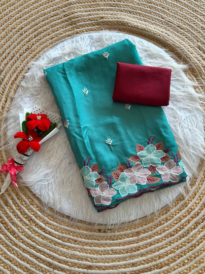 Soft Kota Doriya Saree with Embroidery Floral Work