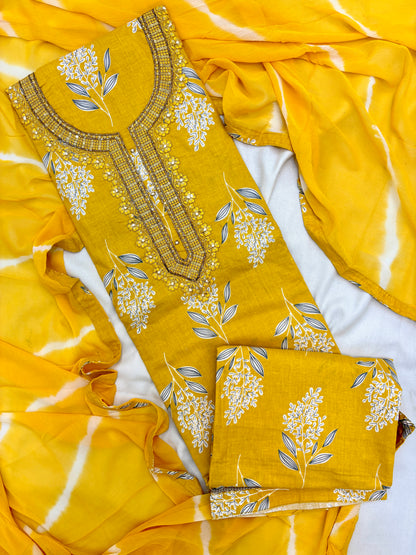 Floral Print with Handwork Cotton Yellow Unstitch Suit Set