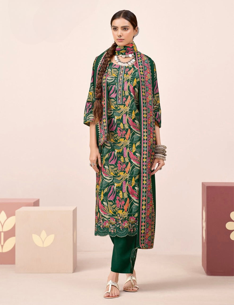 Green Pure Modal Printed Suit with Pant & Dupatta