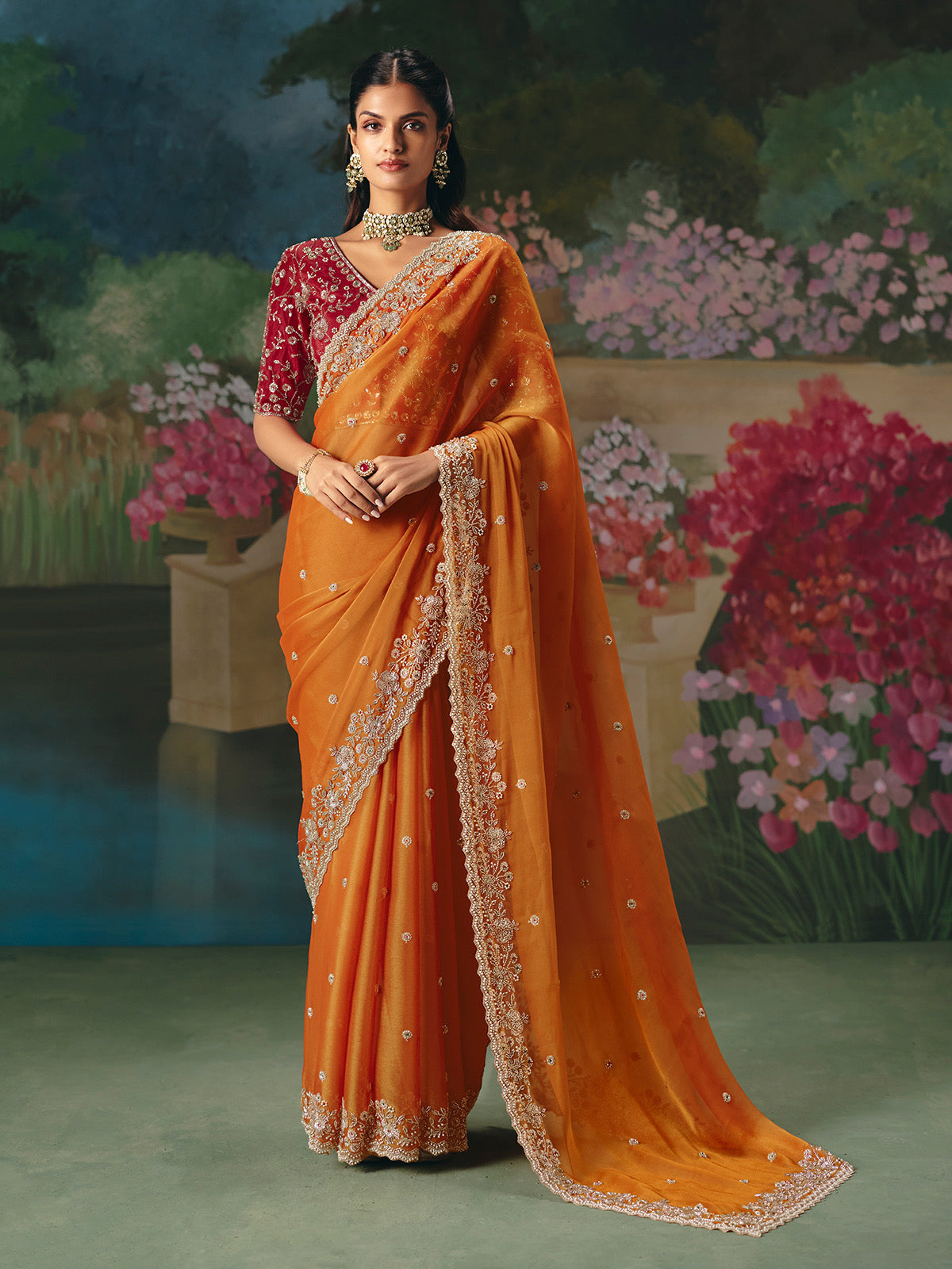 Rust Orange Soft Tissue Silk Heavy Blouse Designer Saree