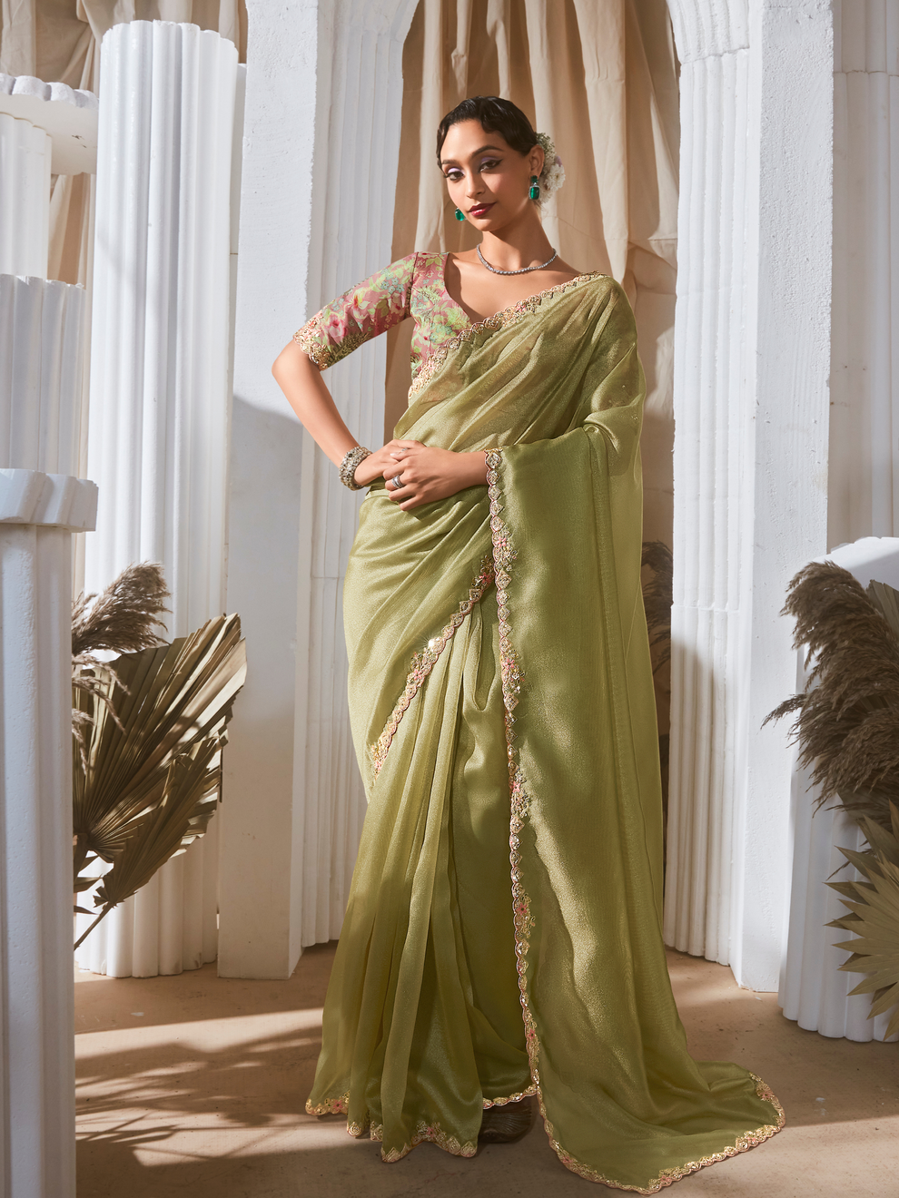 Sea Green Soft Organza Tissue Saree with Printed Blouse