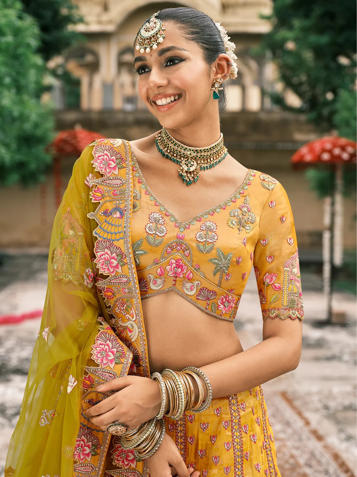 Golden Beige Silk Embroidered Designer Lehenga