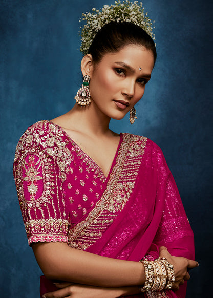 Rani Pink Tissue Silk Saree with Heavy Readymade Blouse