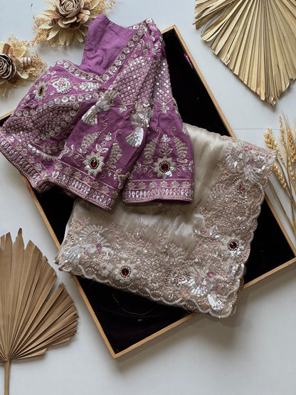 Cream Soft Tissue Silk Heavy Work Designer Saree
