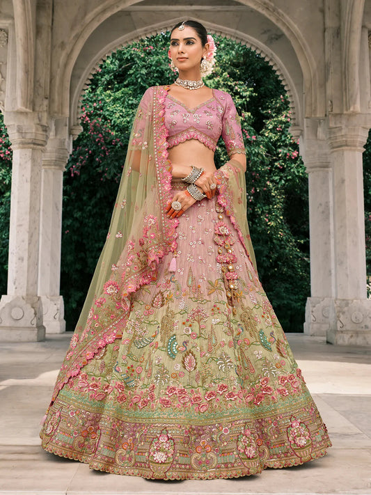 Pink Floral Light Olive Green Shaded Embroidered Silk Lehenga