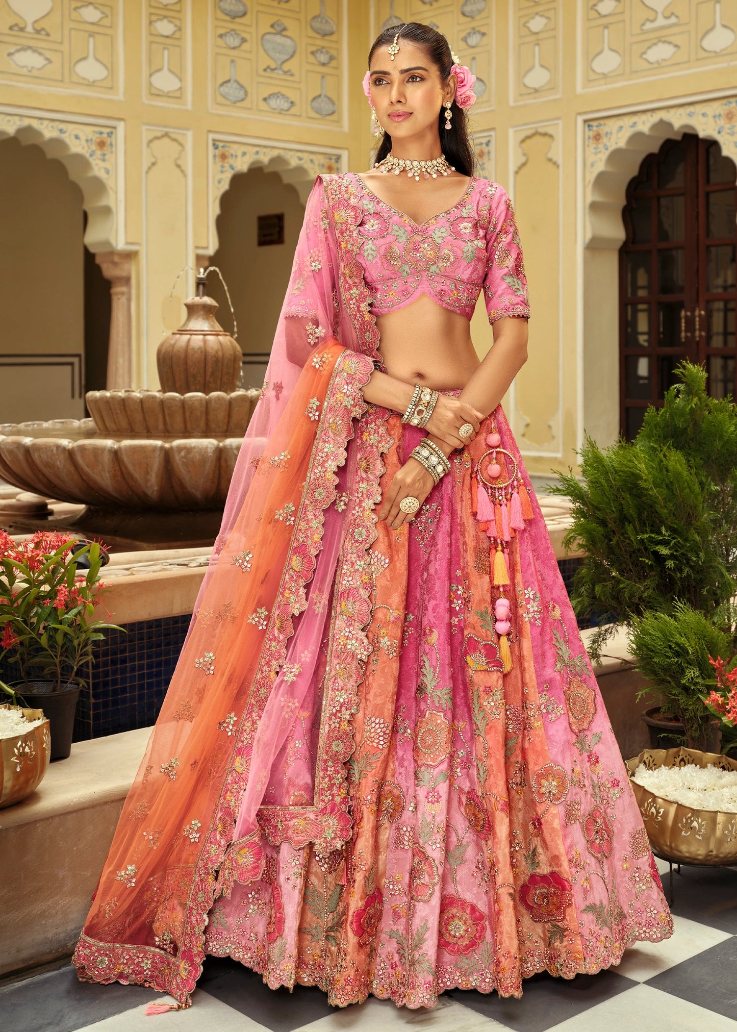 Pink & Orange Silk Embroidered Designer Lehenga with Readymade Blouse