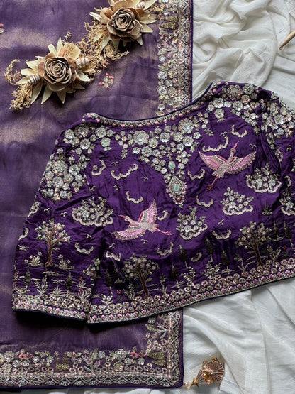 Lavender Tissue Silk Heavy Work Designer Saree with Readymade Blouse