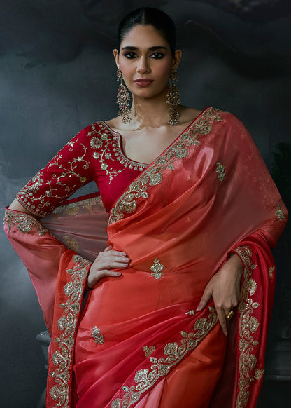 Orange Pink Ombre Tissue Silk Designer Saree