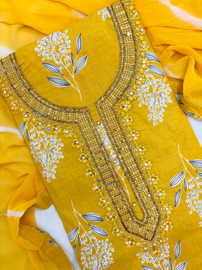 Floral Print with Handwork Cotton Yellow Unstitch Suit Set