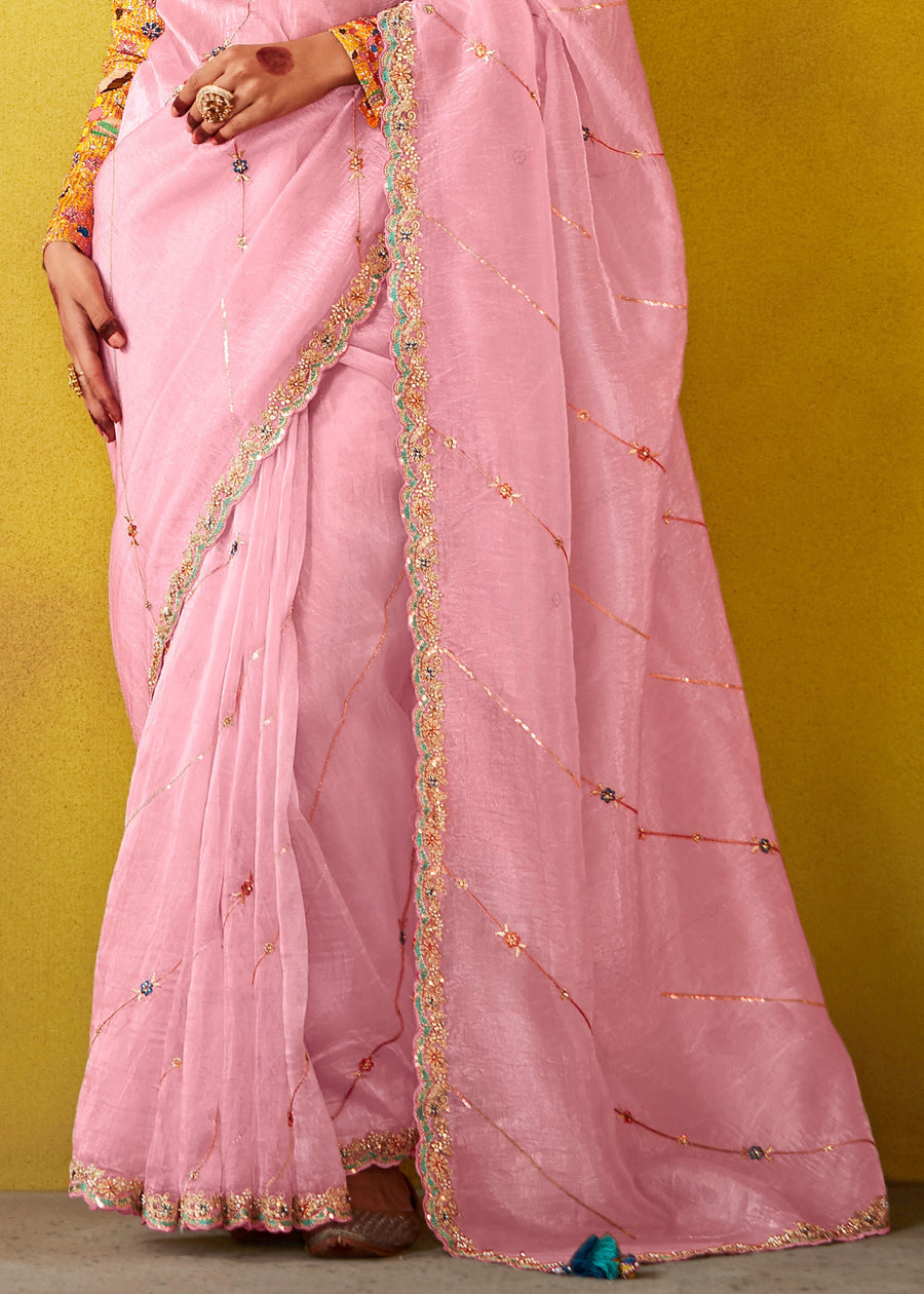 Baby Pink Soft Tissue Silk Designer Saree