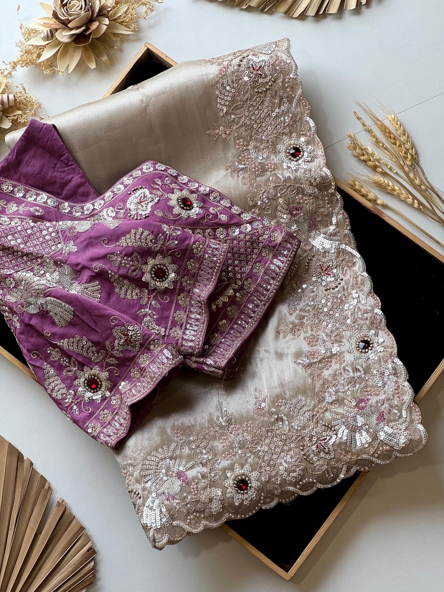 Cream Soft Tissue Silk Heavy Work Designer Saree