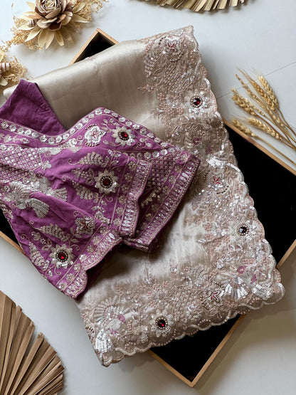 Cream Soft Tissue Silk Heavy Work Designer Saree
