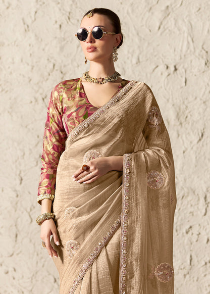 Sand Beige Organza Tissue Designer Saree