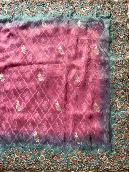 Dusty Rose Pink With Mint Green Border Zari Viscose Tissue Saree With Dusty Rose Blouse