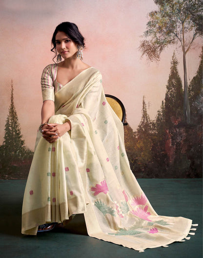 Pure Linen Silk Cream Saree with Weaving Work