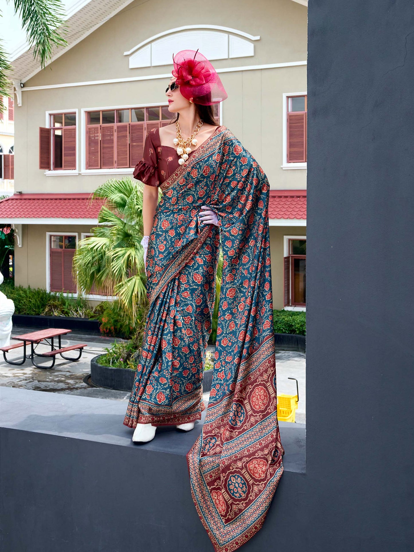Floral Blue Satin Crepe Digital Printed Saree