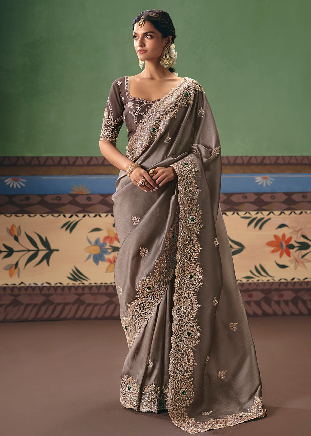 Dusty Grey Soft Tissue Silk Designer Saree